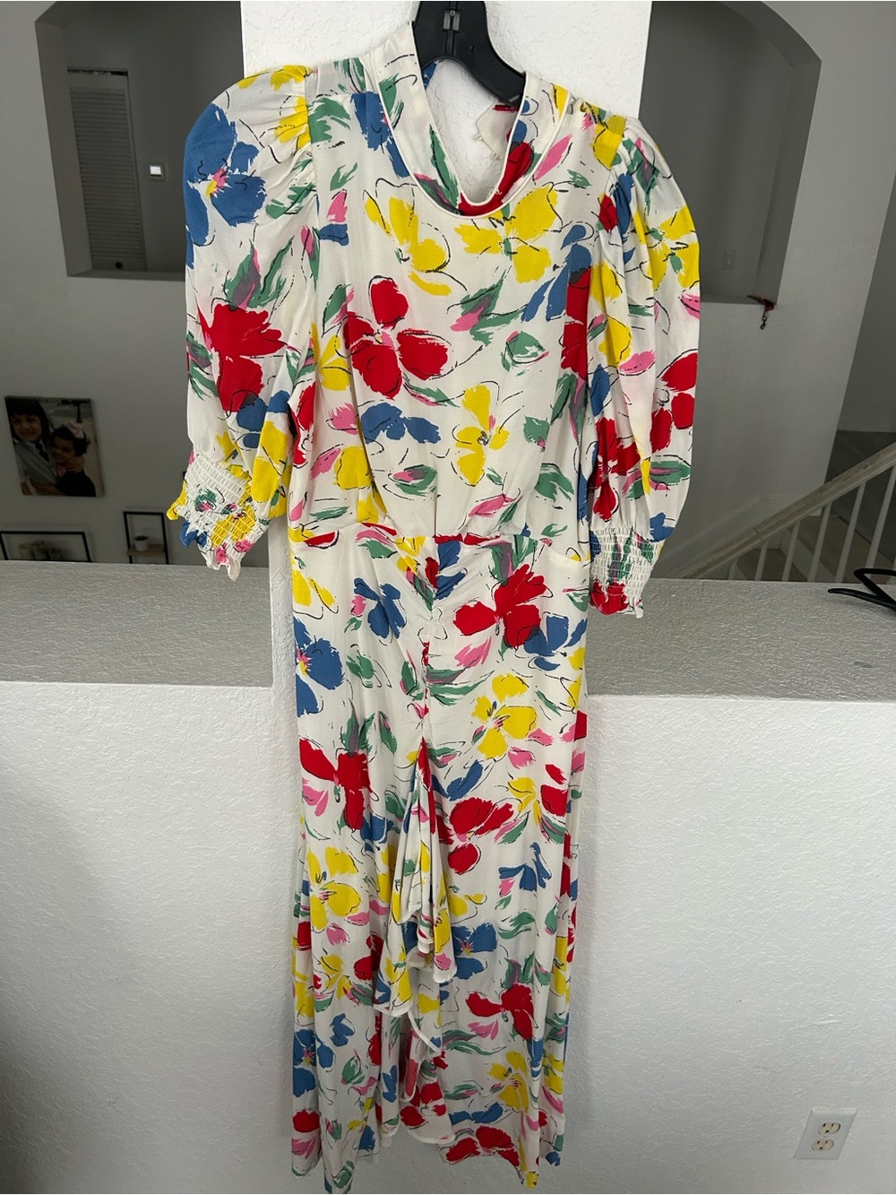 Women's Floral Midi Dress in Cream with Red, Yellow & Blue Flowers